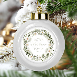 Personalisierter Baby-Erstweihnachts-Waldkranz Keramik Kugel-Ornament