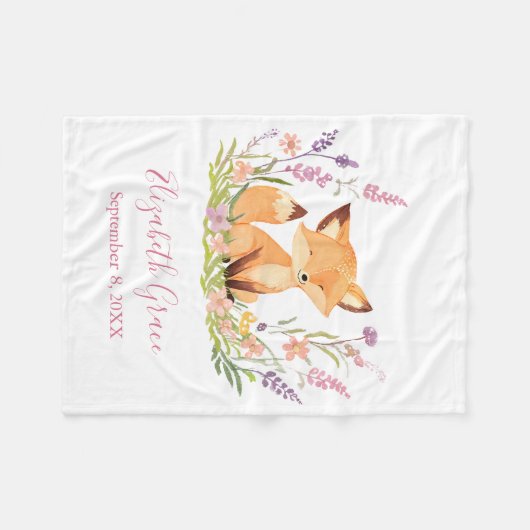 Personalisierter Baby Fox Wildblumen Pink Baby Fleecedecke (Vorderseite (Horizontal))