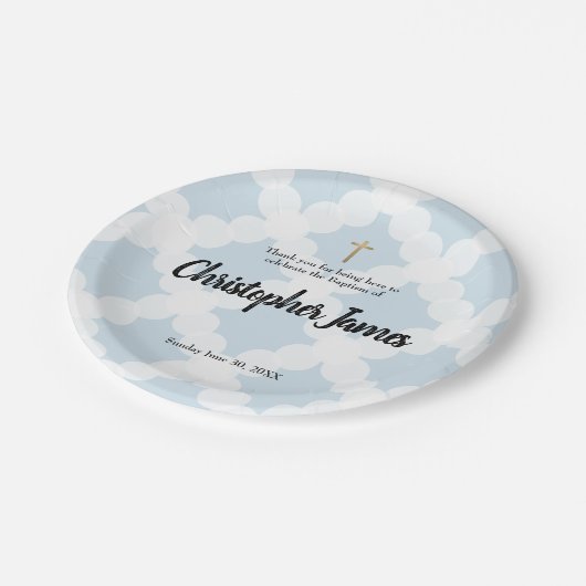 Personalisierter Baby-Junge blaue Taufe & Goldkreu Pappteller (Schrägansicht)