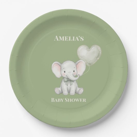 Personalisierter Baby Shower Teller mit süßem Elef (Vorderseite)