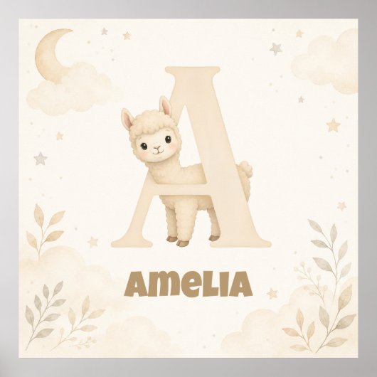 Personalisierter Babyname Alpaka Buchstabe A Poster (Vorne)