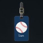 Personalisierter Baseball auf Blau scherzt Jungen Gepäckanhänger<br><div class="desc">Großer weißer Baseball mit dem roten Nähen auf einem Marineblauhintergrund. Der Name des Jungen wird unter den Baseball in große weiße Beschriftung geschrieben. Die Telefonnummer seines Elternteils wird auf die Rückseite geschrieben.</div>