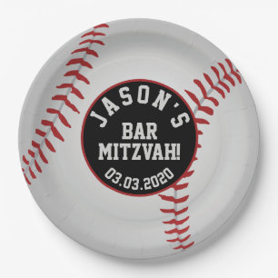 Personalisierter Baseball Bar Mitzvah Rot Schwarz- Pappteller