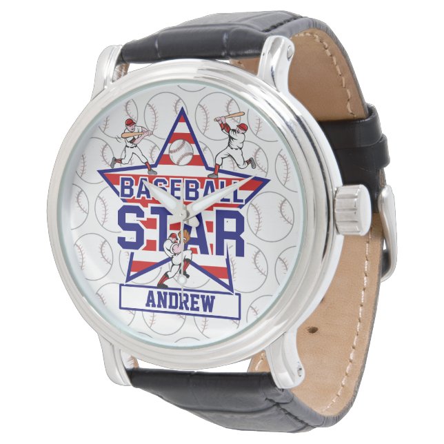 Personalisierter Baseball-Star und Streifen Armbanduhr (Schrägansicht)