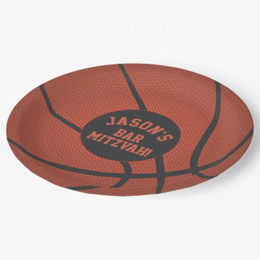 Personalisierter Basketball Bar Mitzvah Orange Sch Pappteller (Schrägansicht)