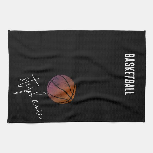 Personalisierter Basketball in Schwarz und Weiß Geschirrtuch (Horizontal)