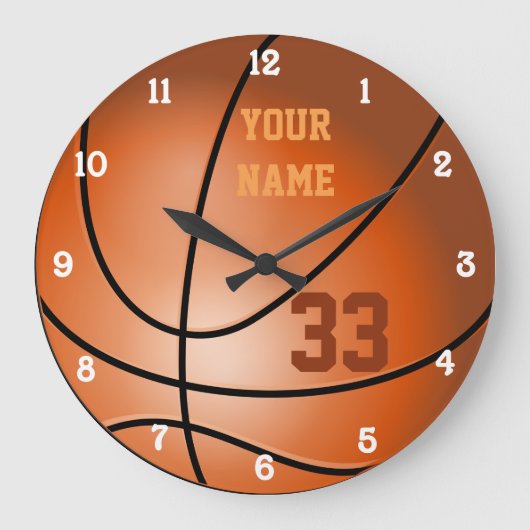 Personalisierter Basketball-Name und Zahl Große Wanduhr (Vorderseite)