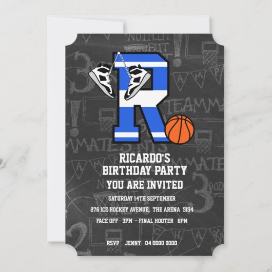 Personalisierter Basketballbuchstabe R Einladung (Rückseite)