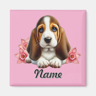 Personalisierter Basset Hound-Welpe mit Blumen Magnet