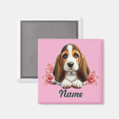 Personalisierter Basset-Hund-Welpe mit Blume Magnet (Vorderseite/Rückseite)