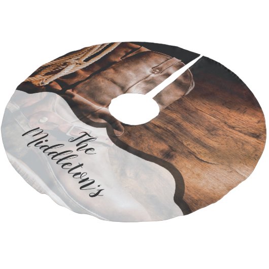 Personalisierter Baumrock Cowboy Stiefel Barn Wood Polyester Weihnachtsbaumdecke (Schrägansicht)