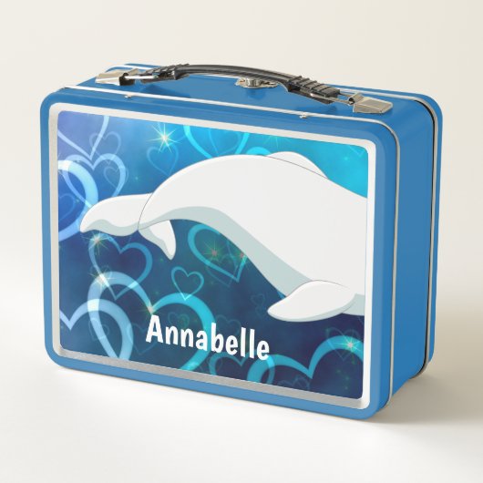 Personalisierter Beluga Whale und Blaues Herz in d Metall Brotdose (Rückseite)