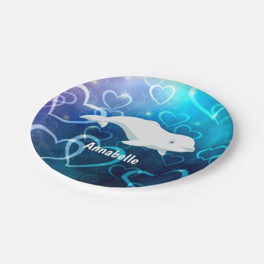 Personalisierter Beluga Whale und Blaues Herz in d Pappteller (Schrägansicht)