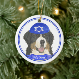Personalisierter Berner Hund Hanukkah Blau Keramik Ornament