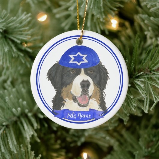Personalisierter Berner Hund Hanukkah Blau Keramik Ornament (Baum)