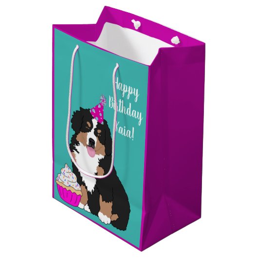 Personalisierter Berner Hund Welpe Medium Gif Mittlere Geschenktüte (Vorderseite Schrägansicht)
