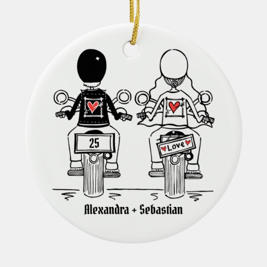 Personalisierter Biker-Hochzeitstipendium Keramik Ornament (Vorne)