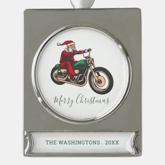 Personalisierter Biker in Santa Costume Weihnachte Banner-Ornament Silber (Vorderseite)