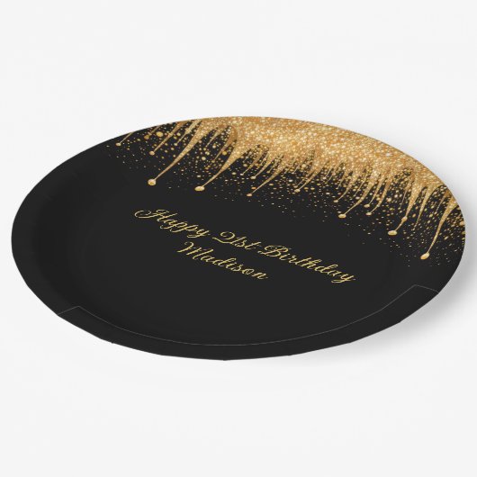 Personalisierter Black Gold Driving Glitzer Geburt Pappteller (Schrägansicht)