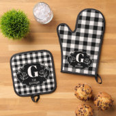 Personalisierter Black & White Buffalo Karo Ofenhandschuh & Topflappen-Set (Oben Unten)