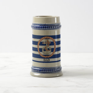 Personalisierter blau gestreifter Anker 1 Stein Bierglas