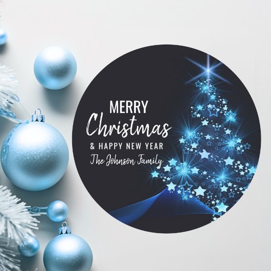 Personalisierter BLAU White MERRY CHRISTMAS Tree Runder Aufkleber