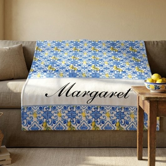 Personalisierter blauer Azulejo-Wasserfarben-Monog Fleecedecke