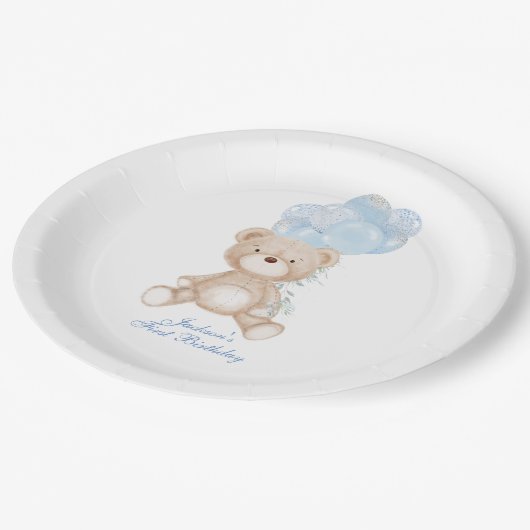 Personalisierter Blauer Bärenballon Boy Paper Plat Pappteller (Schrägansicht)