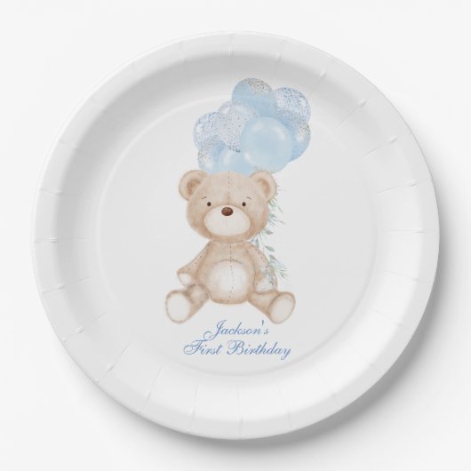Personalisierter Blauer Bärenballon Boy Paper Plat Pappteller (Vorderseite)