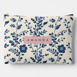Personalisierter blauer Blumenranken-Stil Zubehörtasche