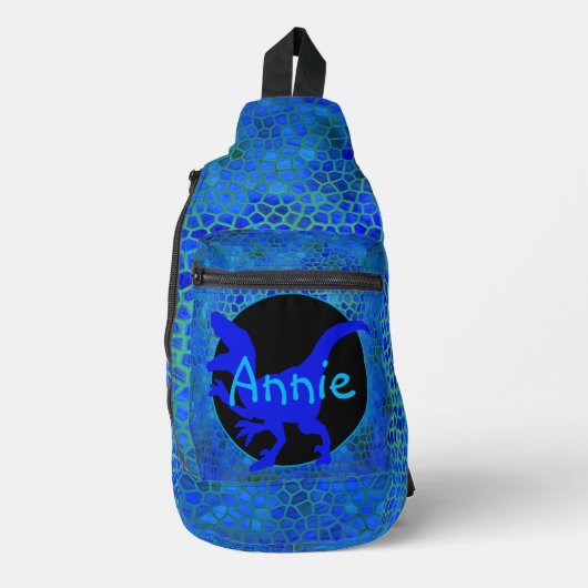 Personalisierter blauer Dinosaurier Crossbody Bag (Vorderseite)