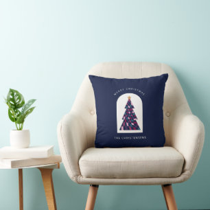 Personalisierter blauer karierter Weihnachtsbaum Kissen