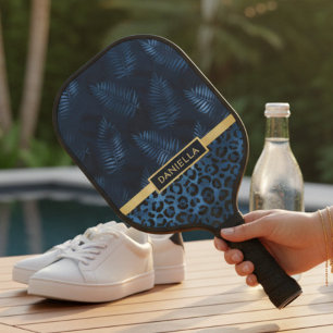 Personalisierter blauer Leoparden-Druck Tropische  Pickleball Schläger