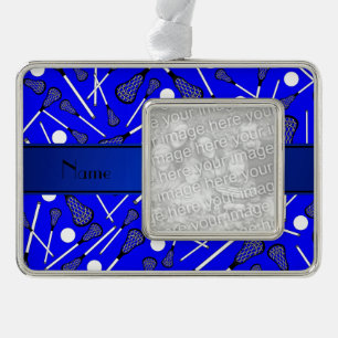 Personalisierter blauer Namenslacrosse Rahmen-Ornament Silber