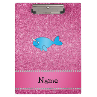Personalisierter blauer narwhal rosa NamensGlitter Klemmbrett