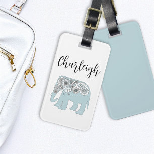 Personalisierter blauer Paisley-Elefant Boho Chic Gepäckanhänger