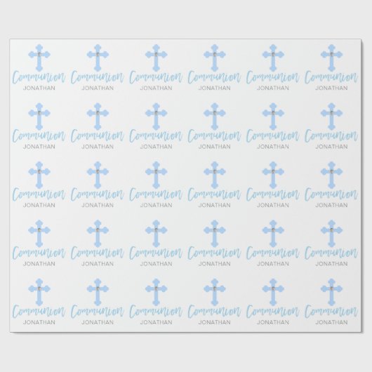 Personalisierter blauer Querjungen-erste heilige Geschenkpapier (Flach)