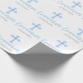 Personalisierter blauer Querjungen-erste heilige Geschenkpapier (Ecke)