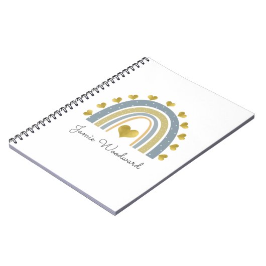 Personalisierter blauer Regenbogen Golden Hearts 3 Notizblock (Linke Seite)