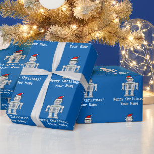 Personalisierter blauer Roboter Weihnachtsmann Geschenkpapier
