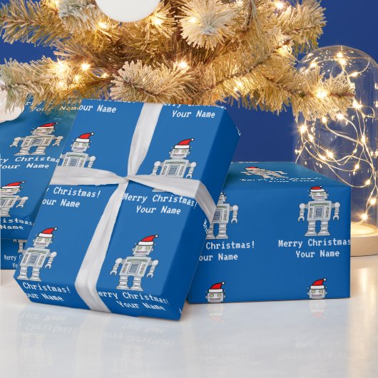 Personalisierter blauer Roboter Weihnachtsmann Geschenkpapier (Feiertage)