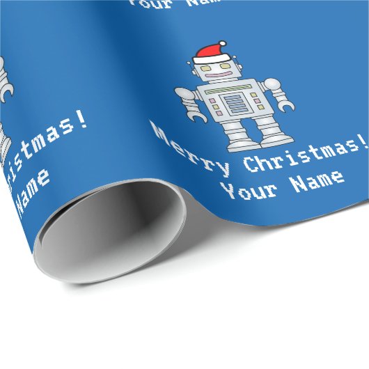 Personalisierter blauer Roboter Weihnachtsmann Geschenkpapier (Rolleneckpunkt)