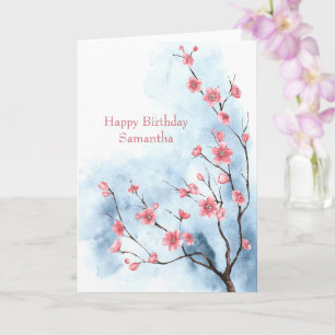 Personalisierter blauer rosa Blumenbaum Aquarell Karte