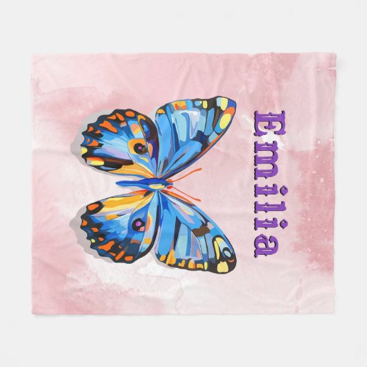 Personalisierter Blauer Rosa Schmetterling Fleecedecke (Vorderseite (Horizontal))