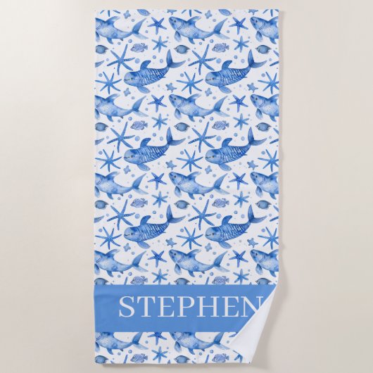 Personalisierter Blauer Seesteufel Strandtuch (Vorderseite)