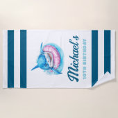 Personalisierter blauer Streifen mit Hai Strandtuch (Vorderseite)