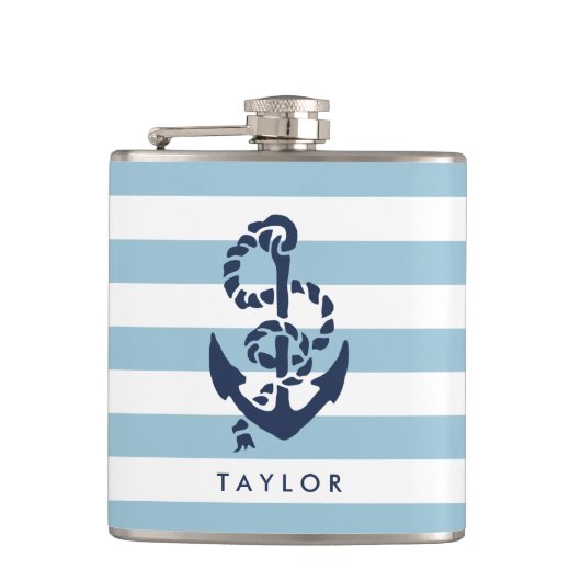 Personalisierter blauer Streifen und Navy-Anker Flachmann (Vorderseite)