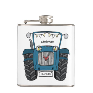 Personalisierter blauer Traktor Landhochzeitsgesch Flachmann