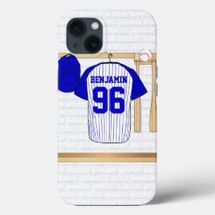 Personalisierter blauer und weißer Baseball Jerse iPhone 13 Hülle