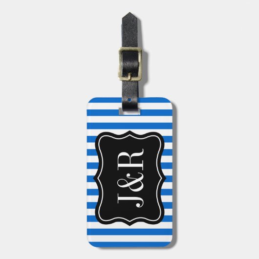 Personalisierter blauer und weißer gestreifter gepäckanhänger (Vorderseite vertikal)